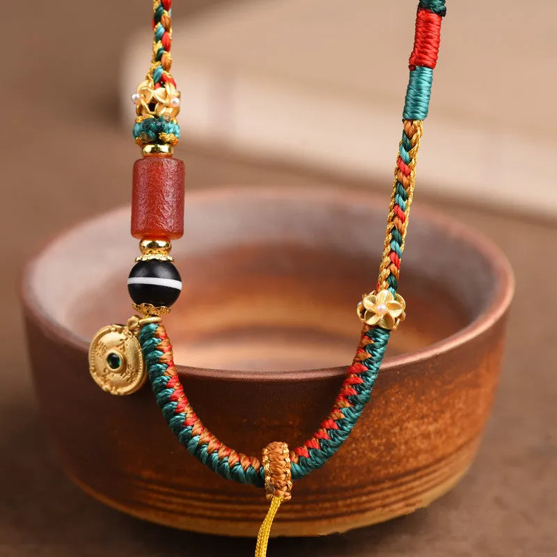 Tibetan-Style Hand-Woven Necklace – Beeswax Amulet & Thangka Pendant Rope