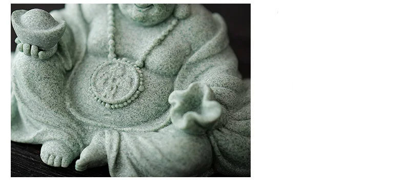 Green Sandstone Laughing Buddha Statue Chinese Buddhist figures Zen Buddha Home Room Office Wealth Luck Feng Shui Decor