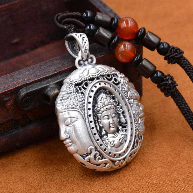 Retro Buddha & Guardian Amulet Necklace – Hand-Carved Blessing Pendant