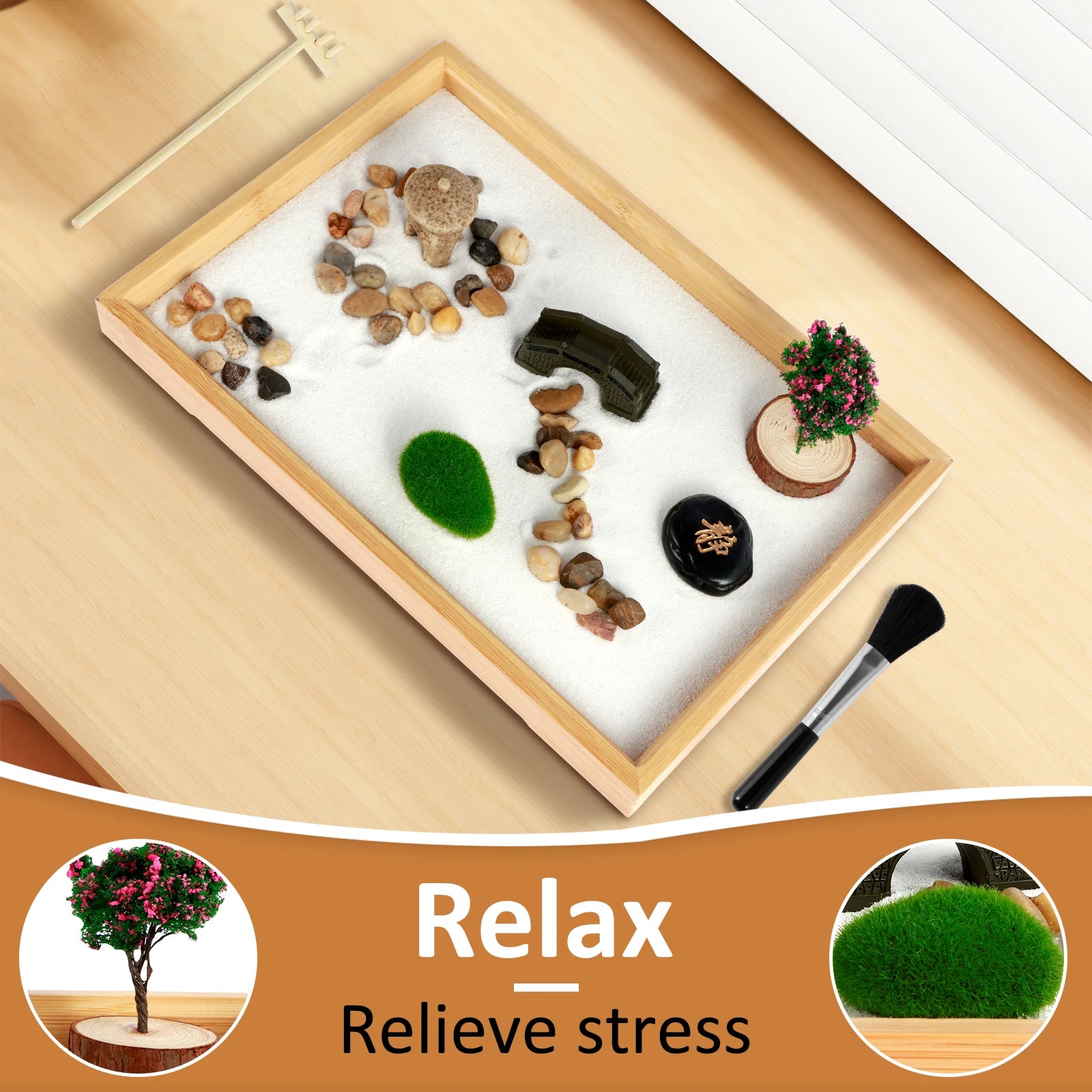 Mini Zen Garden Kit with Tree & Stone Bridge – Desktop Meditation Sand Tray