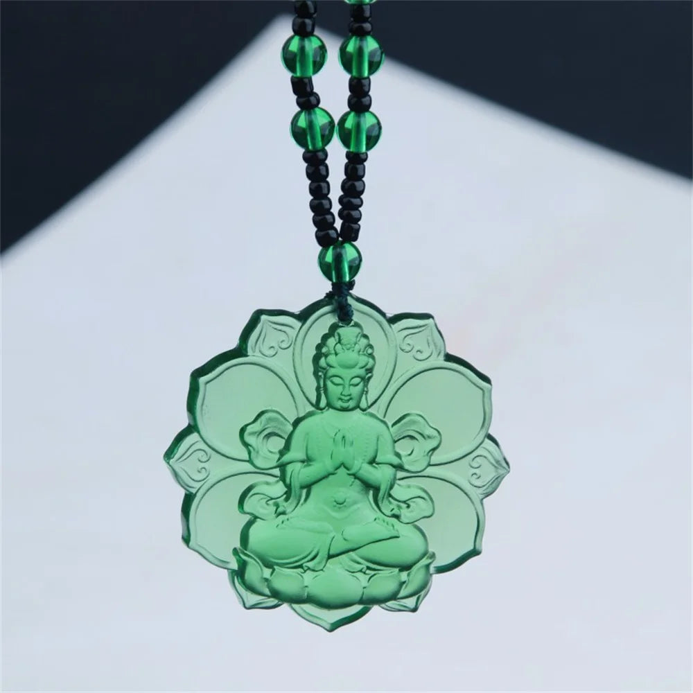 Ice Green Crystal Lotus GuanYin Amulet Necklace – Carved Buddhist Pendant with Beads | Lucky Protection Charm