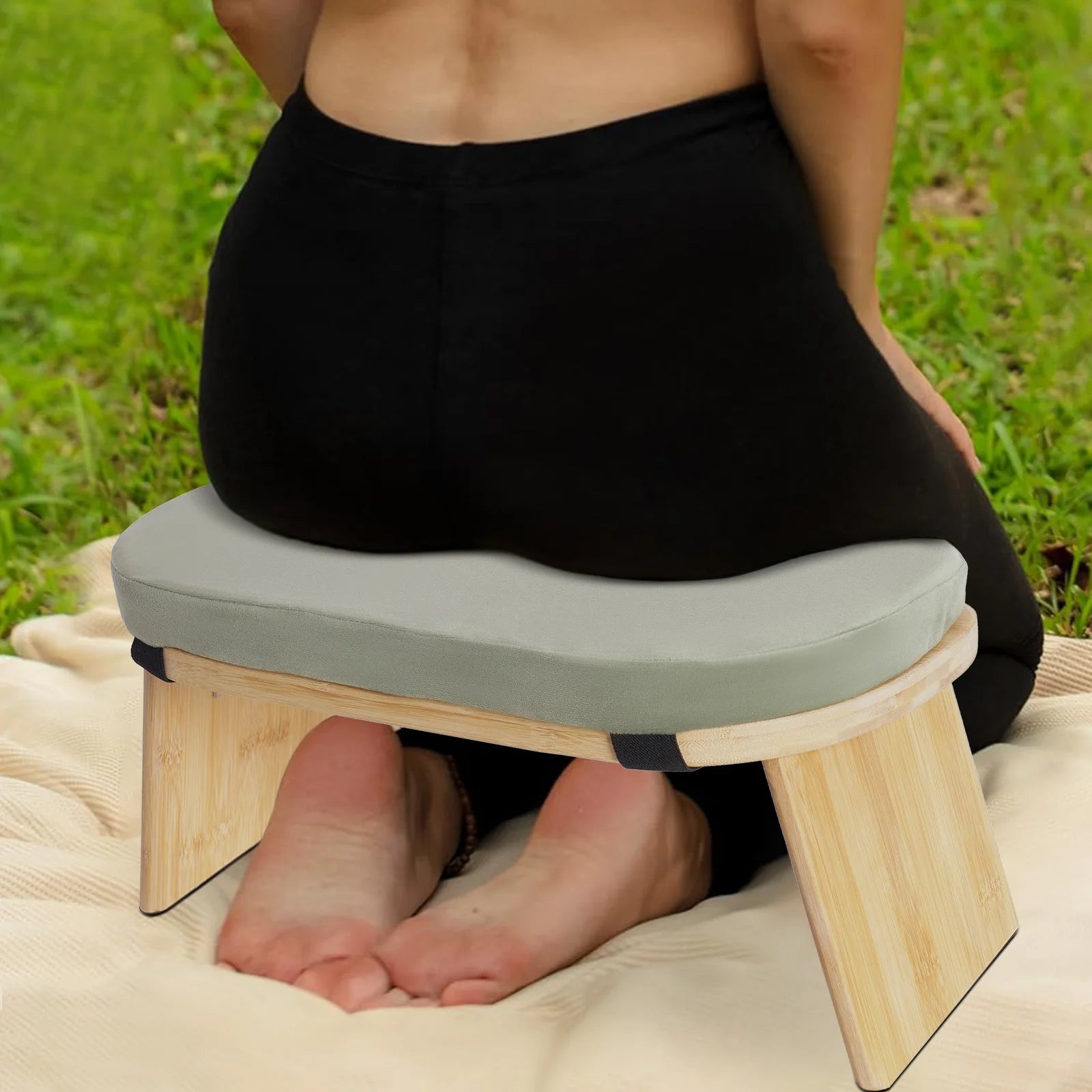 Foldable Bamboo Meditation Bench – Velvet Cushion with 5° Ergonomic Tilt & Carry Bag