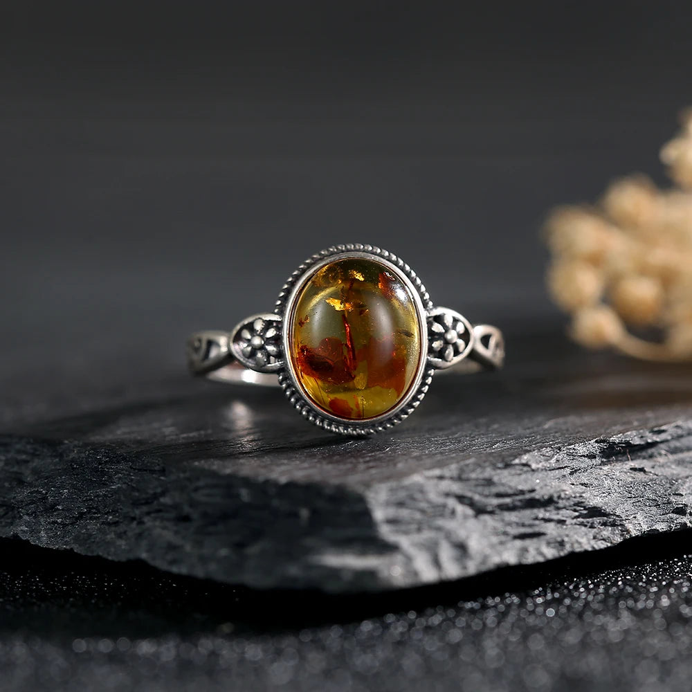 Natural Amber Ring – 925 Sterling Silver | Adjustable Unisex Gemstone Jewelry
