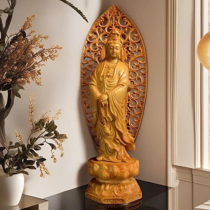 Wooden Figure Buddha Guanyin Bodhisattva Feng Shui Statue Chinese Buddha Statues Home Room, Office Decoration Accessories