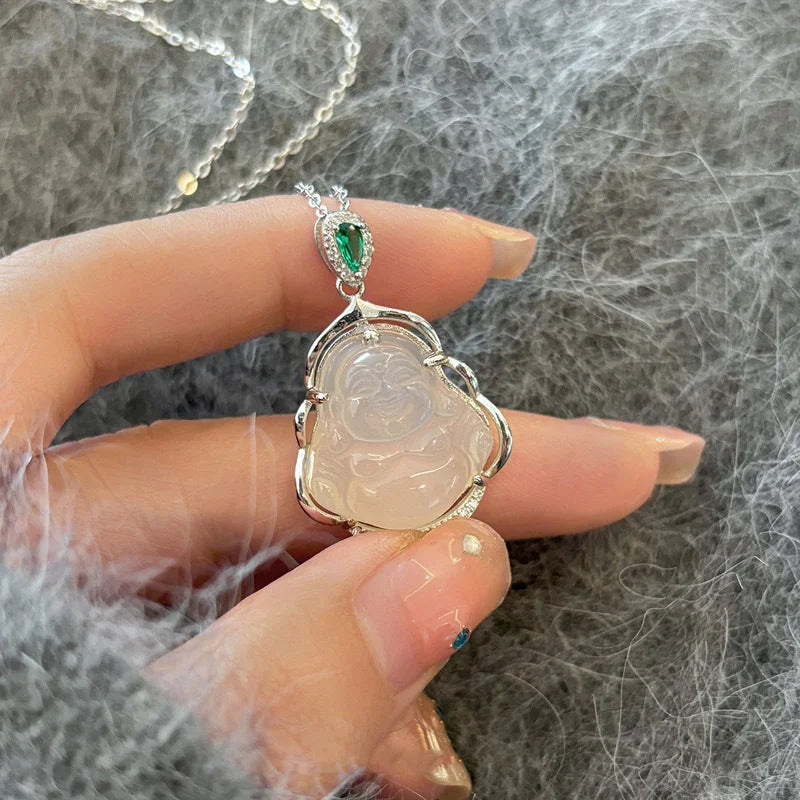 Blessing Jade Maitreya Buddha Pendant – Sterling Silver Good Fortune Necklace